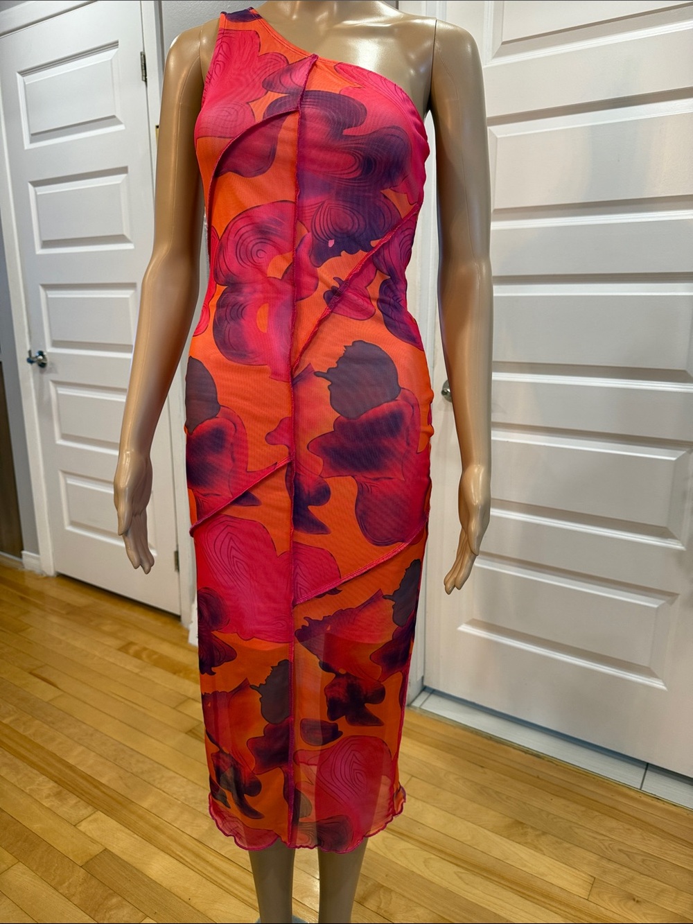 One-Shoulder Red & Orange Abstract Midi Dress